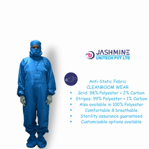 Antistatic cleanroom coverall suit with open-face headgear and antiskid booties